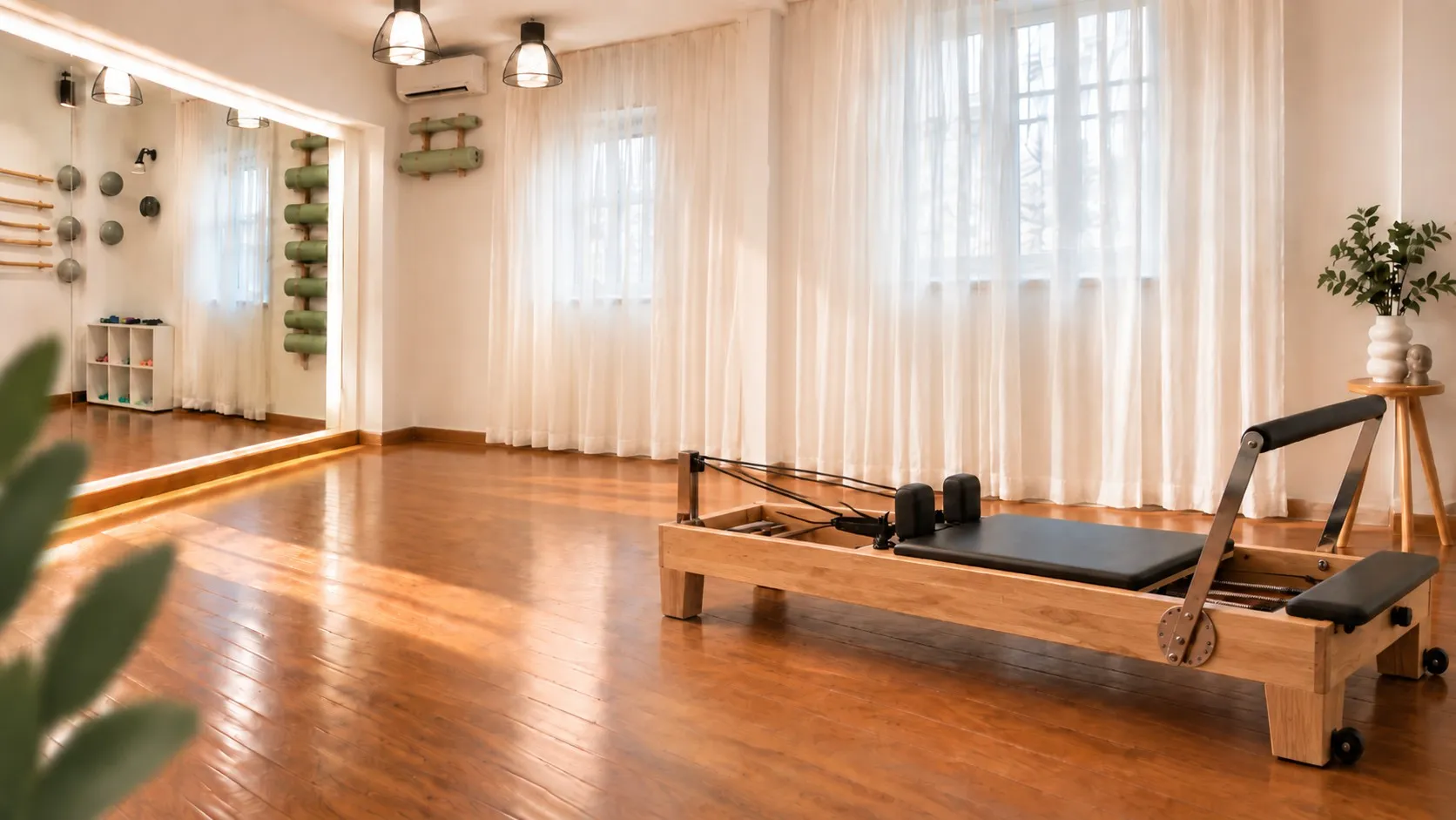 Sala de Reformer a studioului Tess Fit, cu lumină naturală